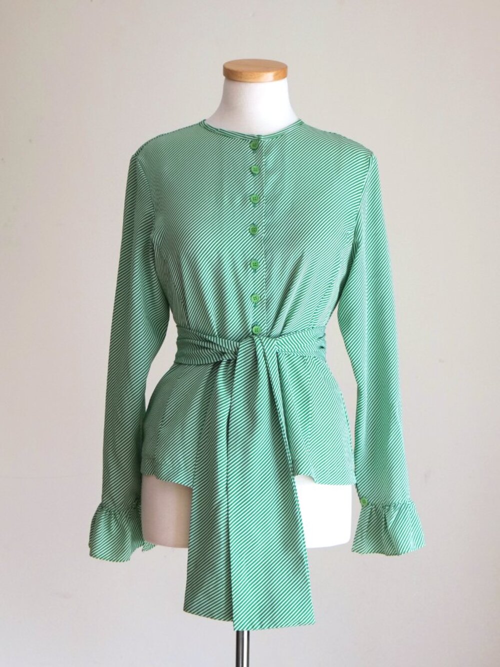 Vintage Women's 70s Candy Striped Green & White Belted Blouse and Sash